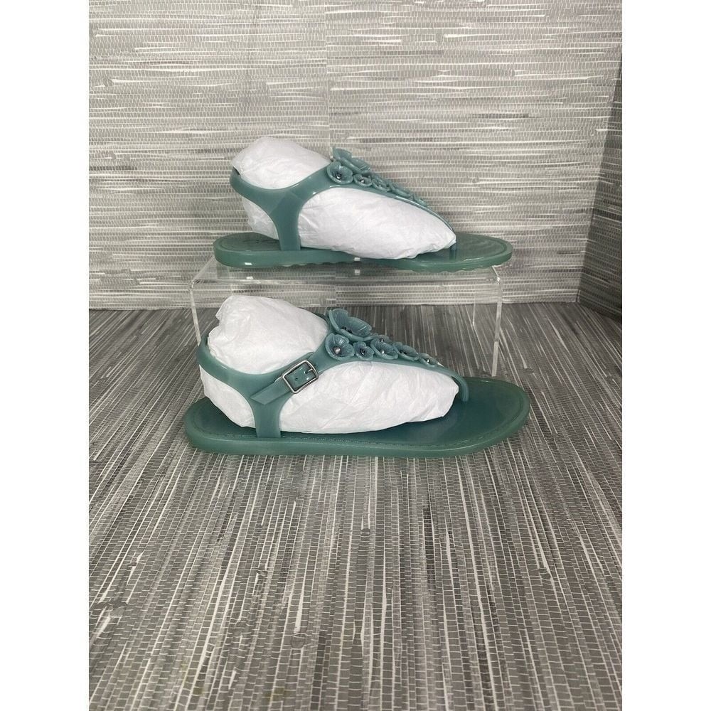 Coach Womens Trmulti Jelly T-Strap Sandals Green Buckle Flat Heel 5 B New